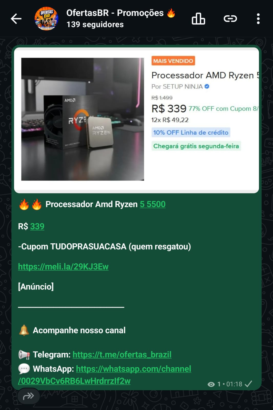 Captura da publicação de AMD Ryzen 5 5500