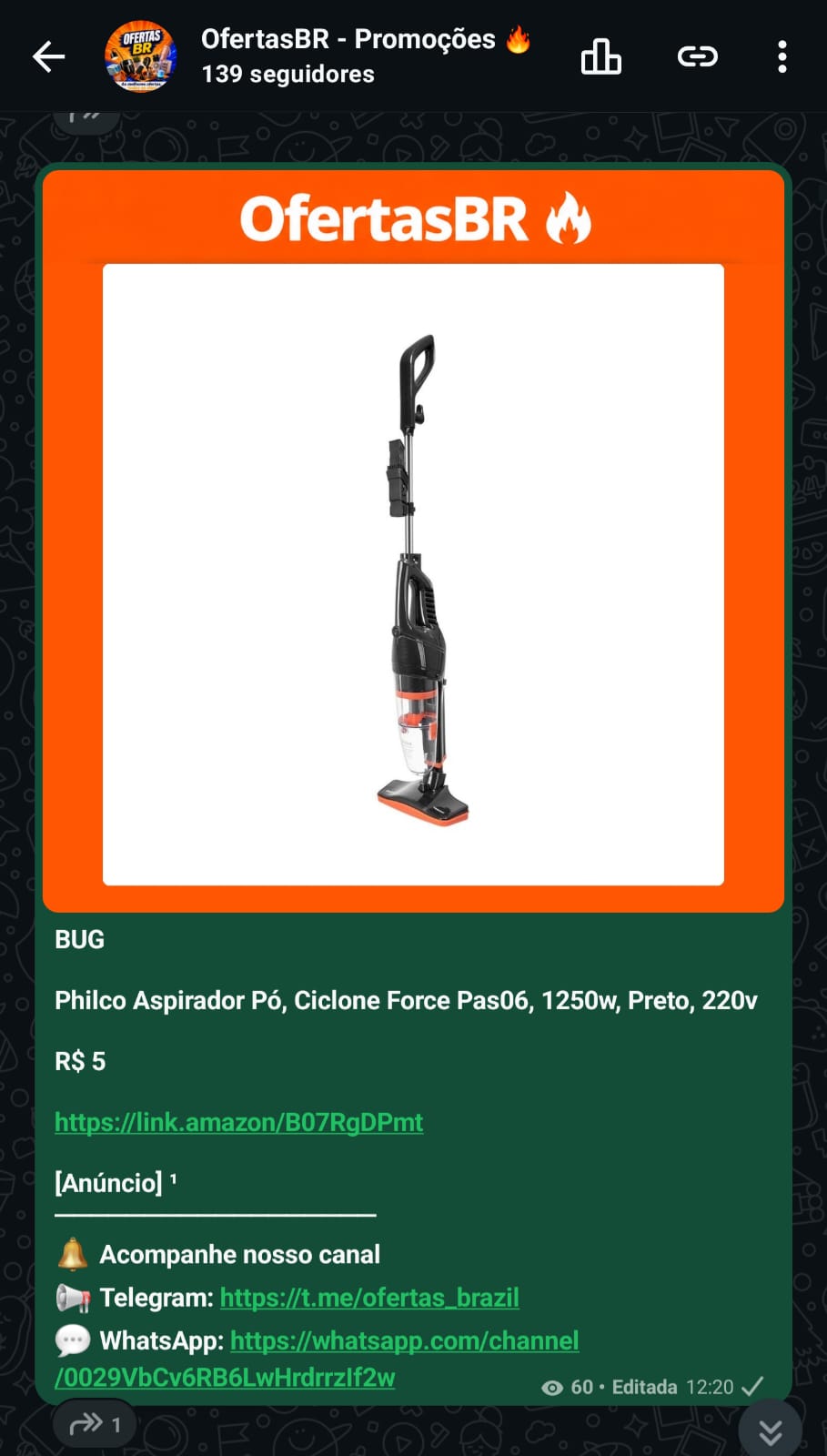 Print real da publicação de Aspirador Philco no canal OfertasBR