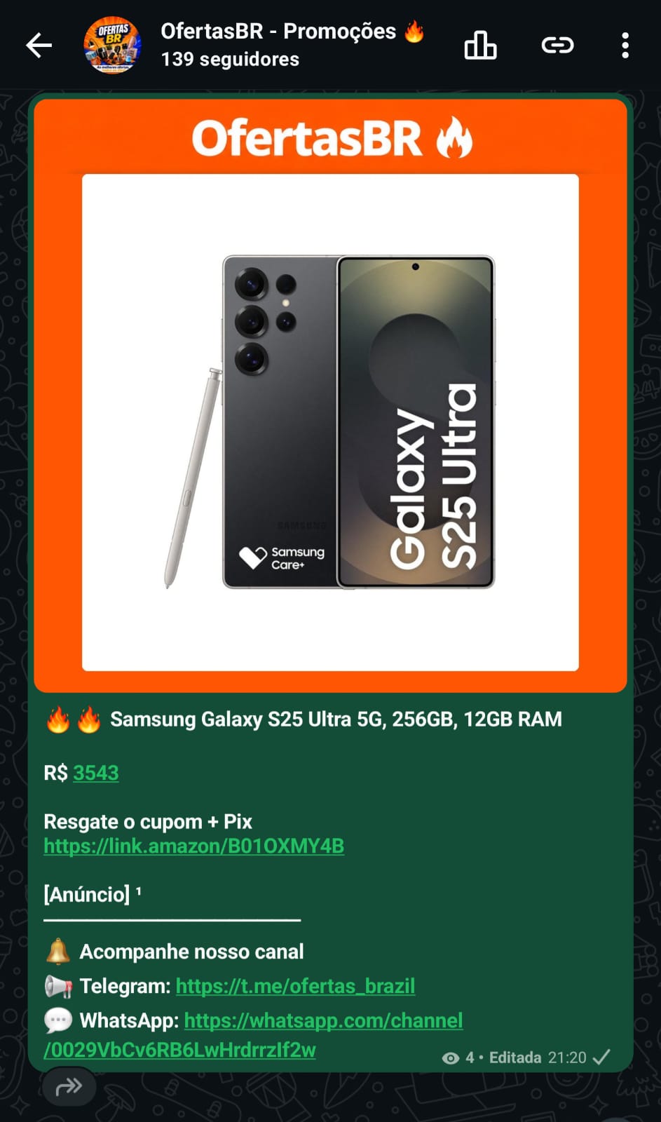 Captura da publicação de Galaxy S25 Ultra 256GB / 12GB