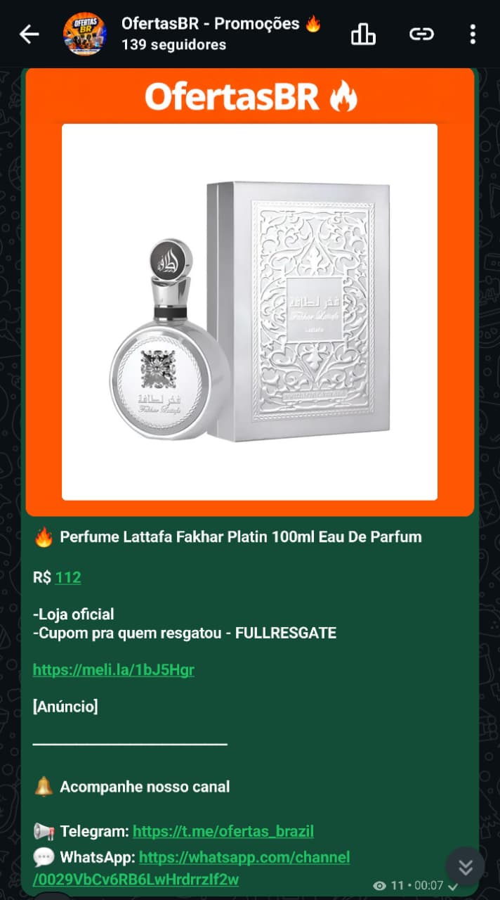 Print real da publicação de Perfume Lattafa Fakhar no canal OfertasBR