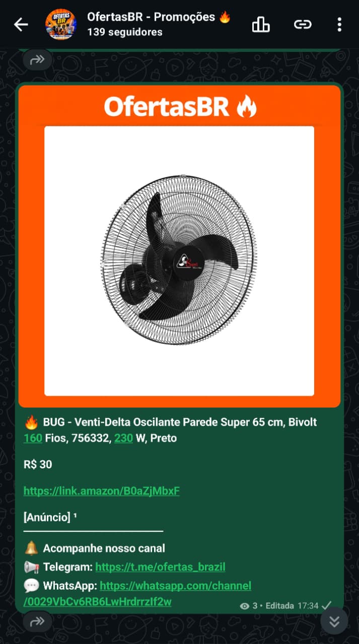 Print real da publicação de Ventilador Venti-Delta no canal OfertasBR